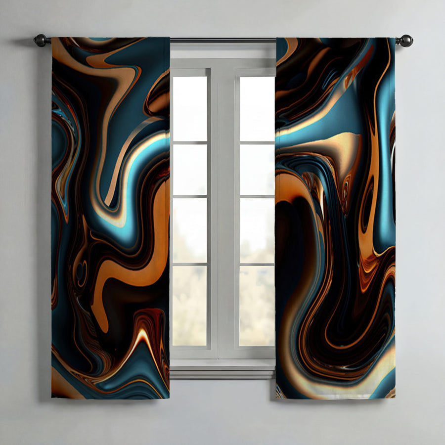 Brown and Teal Liquid Marble Swirl Pattern Window Curtain