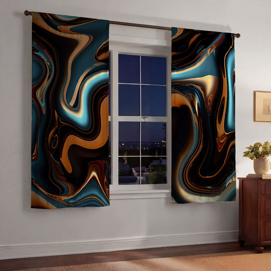 Brown and Teal Liquid Marble Swirl Pattern Window Curtain