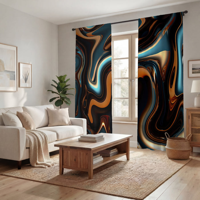 Brown and Teal Liquid Marble Swirl Pattern Window Curtain