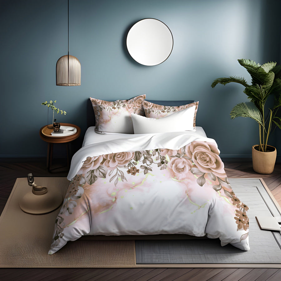 Beige Floral Rose Cluster Pattern Duvet Cover