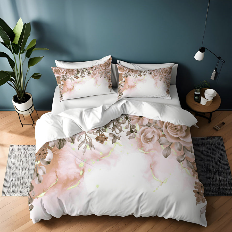 Beige Floral Rose Cluster Pattern Duvet Cover