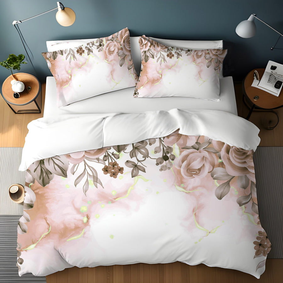 Beige Floral Rose Cluster Pattern Duvet Cover