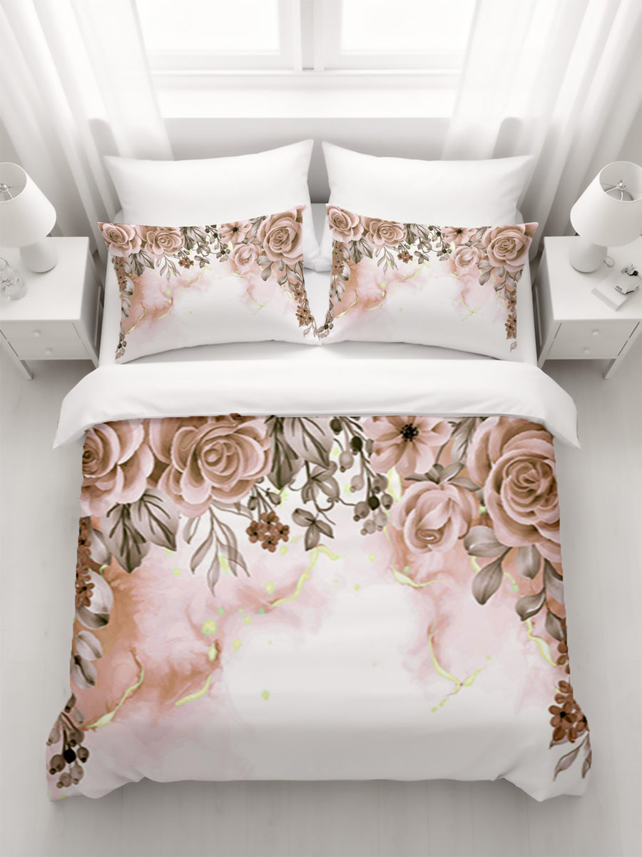 Beige Floral Rose Cluster Pattern Duvet Cover