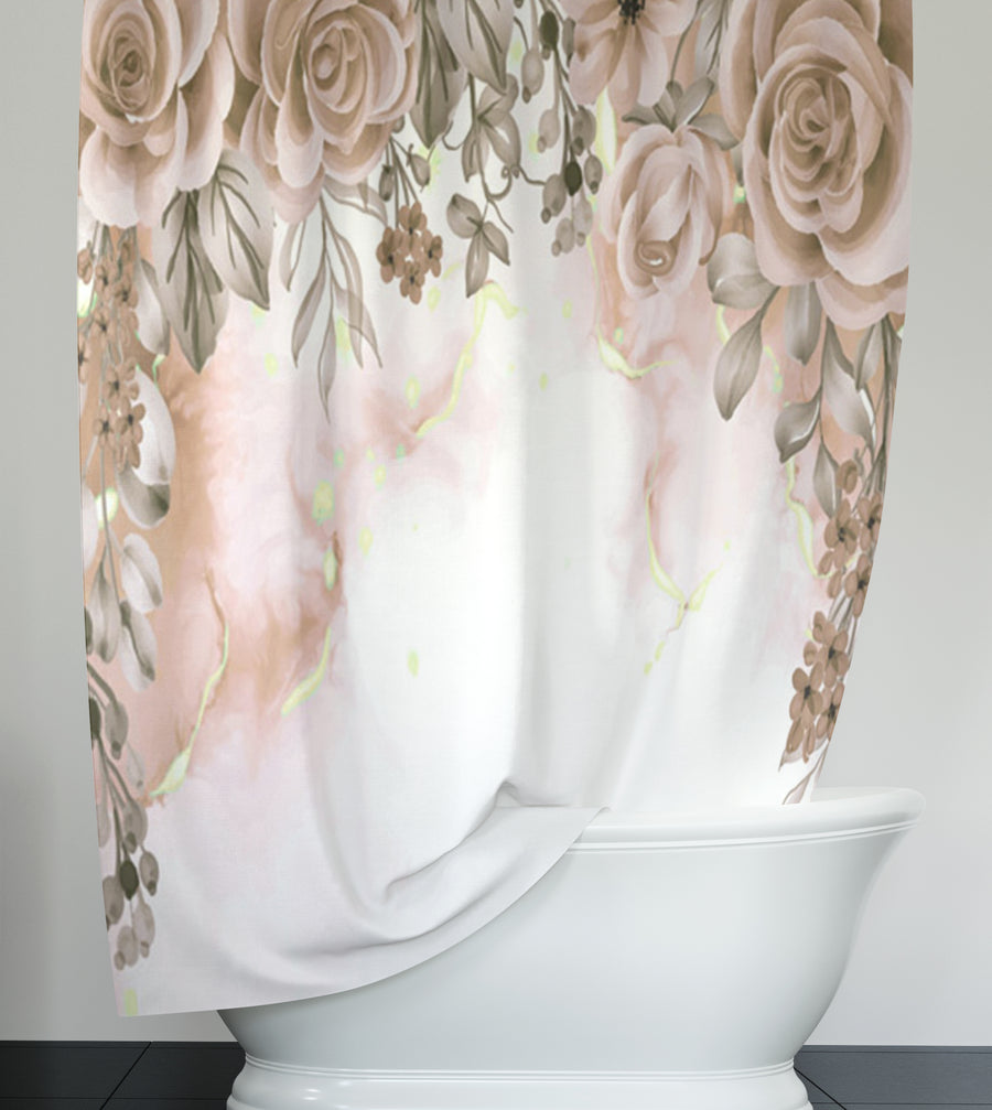 Beige Floral Rose Cluster Pattern Shower Curtain
