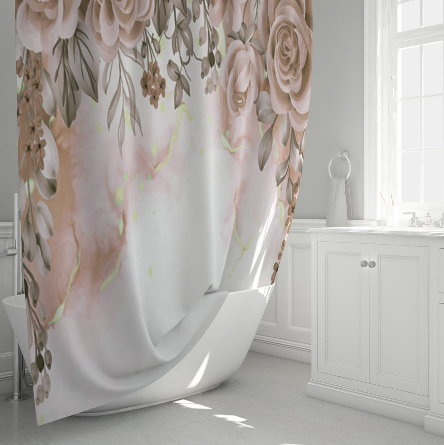 Beige Floral Rose Cluster Pattern Shower Curtain