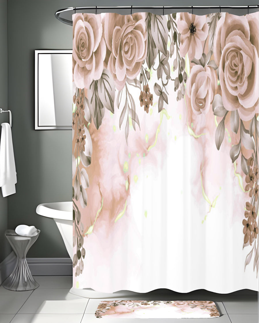 Beige Floral Rose Cluster Pattern Shower Curtain