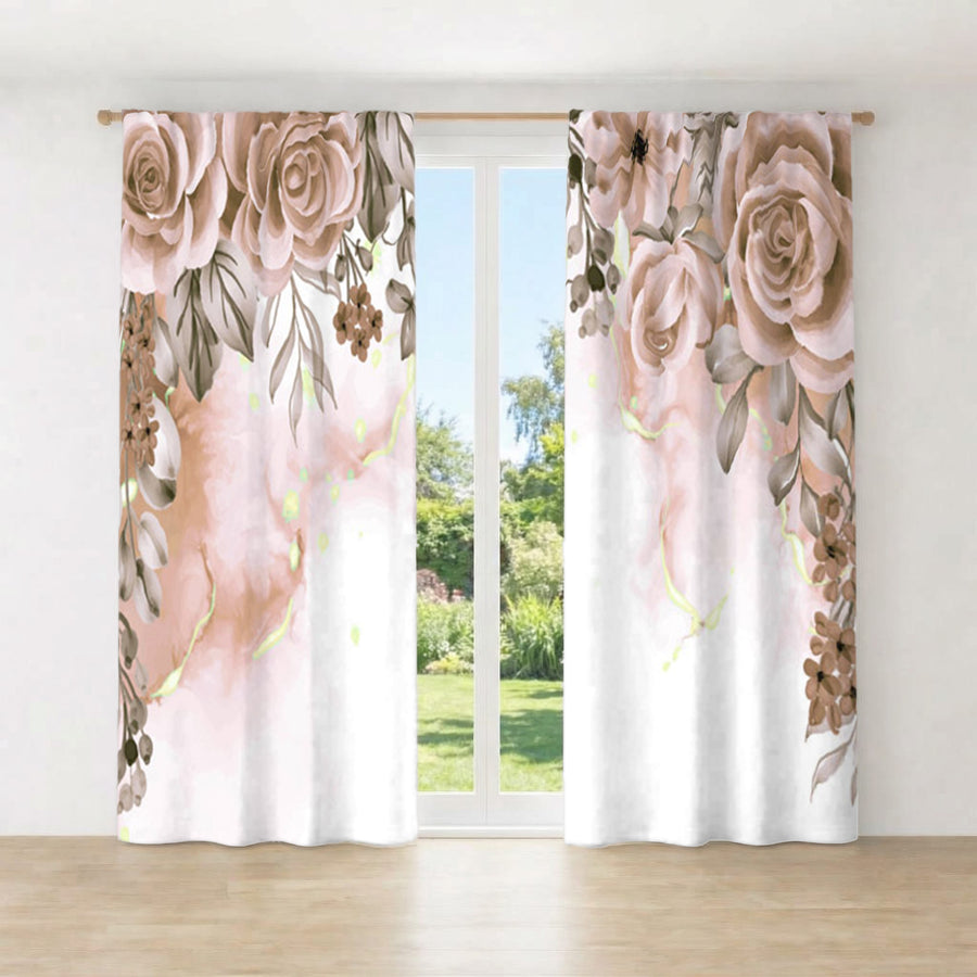 Beige Floral Rose Cluster Pattern Window Curtains