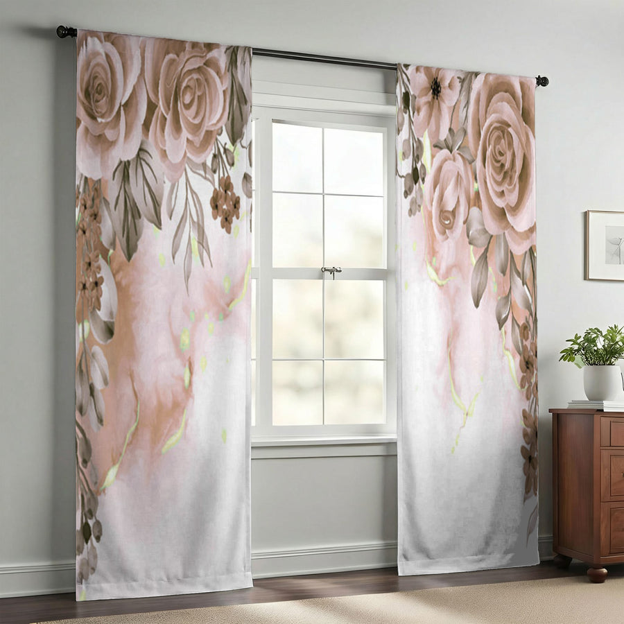 Beige Floral Rose Cluster Pattern Window Curtains