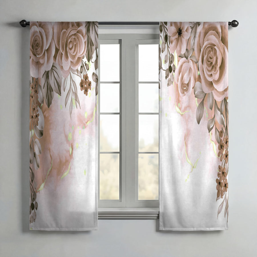 Beige Floral Rose Cluster Pattern Window Curtains