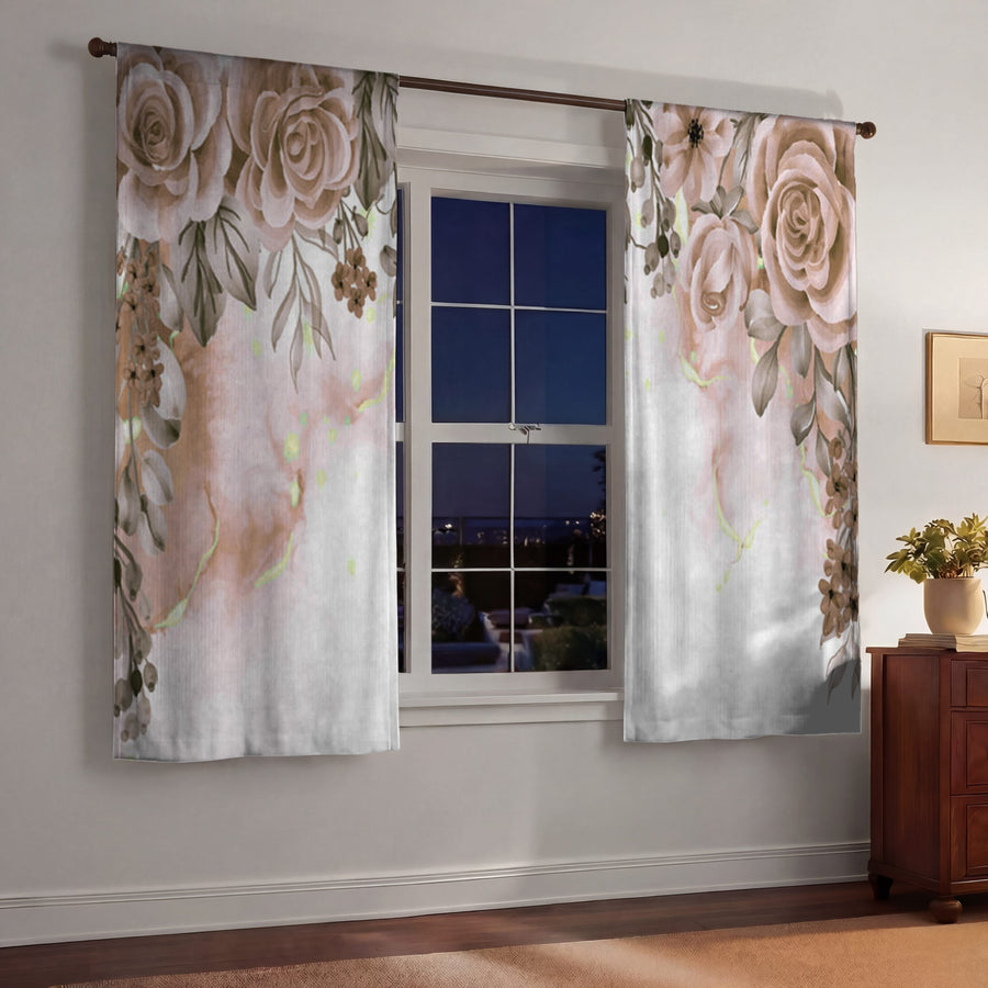 Beige Floral Rose Cluster Pattern Window Curtains