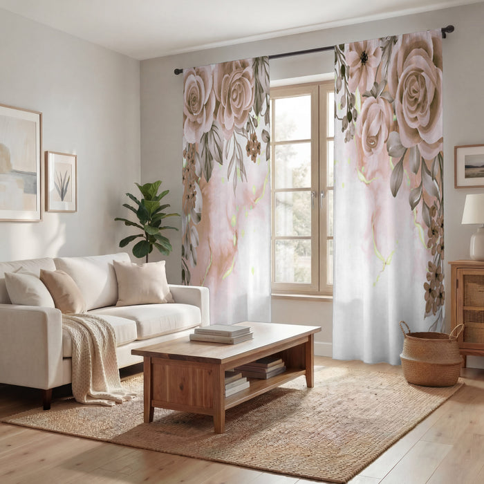 Beige Floral Rose Cluster Pattern Window Curtains