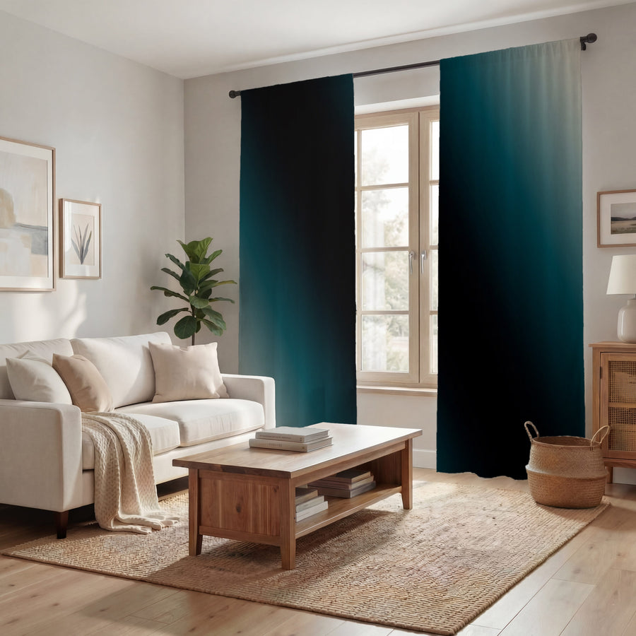 Teal to Black Diagonal Gradient Pattern Window Curtains