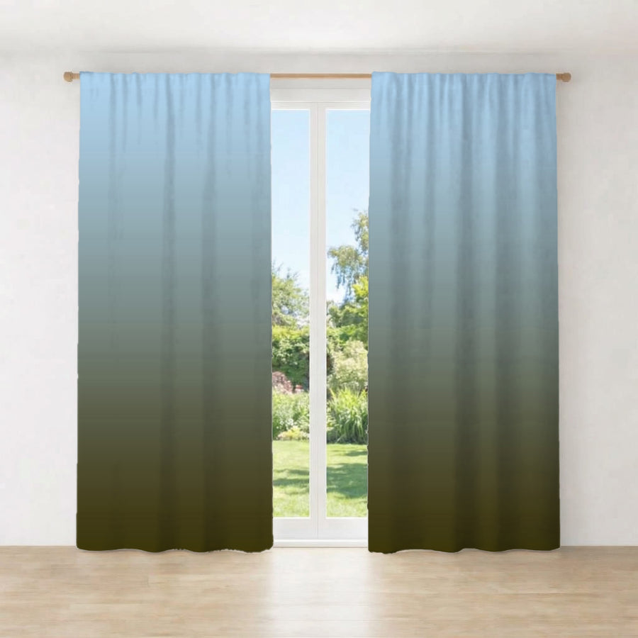 Muted Blue to Green Gradient Field Window Curtains