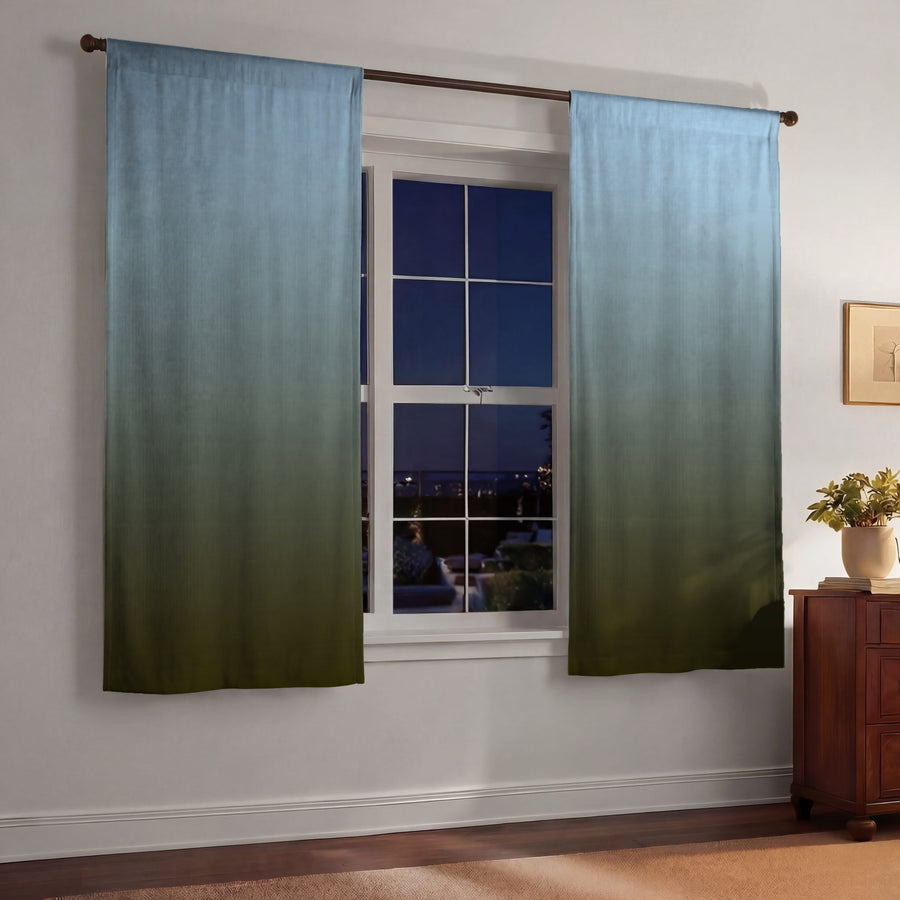 Muted Blue to Green Gradient Field Window Curtains