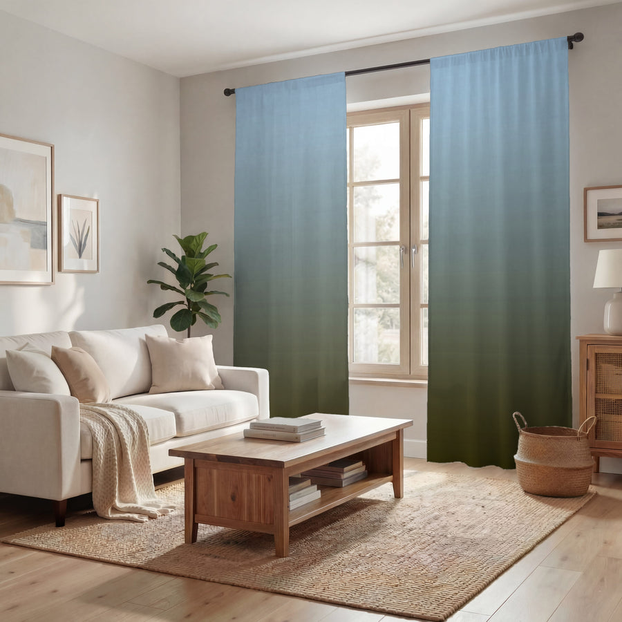 Muted Blue to Green Gradient Field Window Curtains