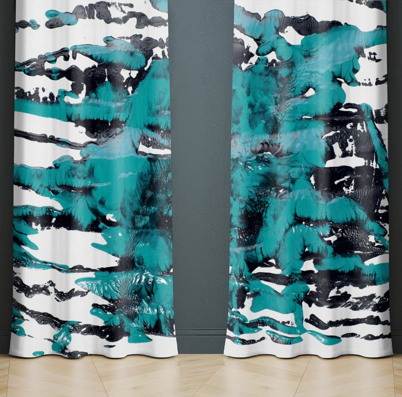 Blue and Black Abstract Splatter Window Curtains - Deja Blue Studios
