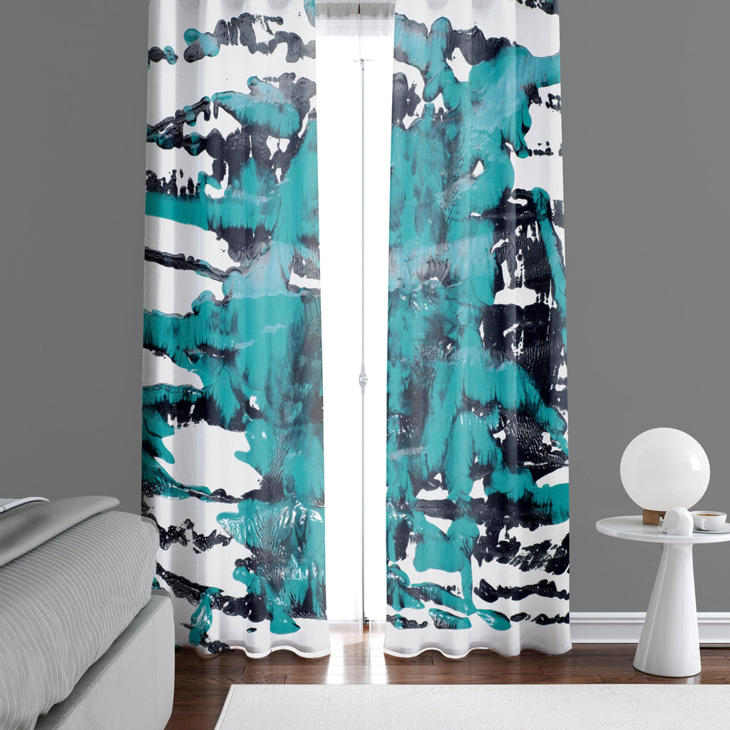 Blue and Black Abstract Splatter Window Curtains - Deja Blue Studios