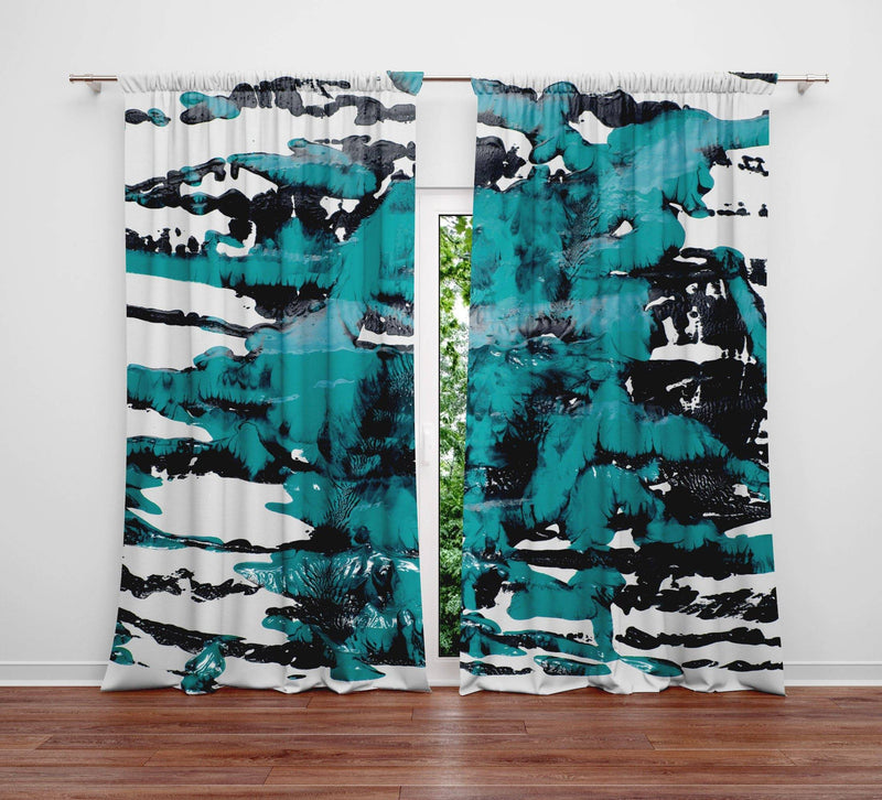 Blue and Black Abstract Splatter Window Curtains - Deja Blue Studios