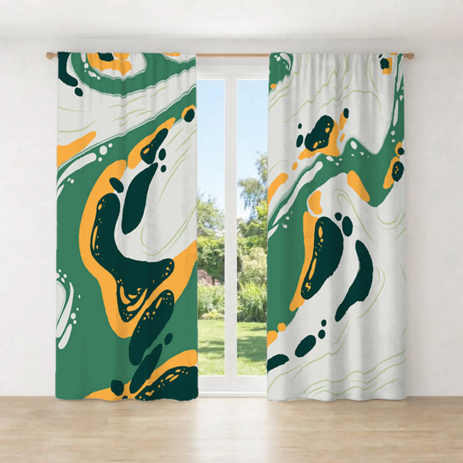 Green and Yellow Fluid Abstract Pattern Window Curtains