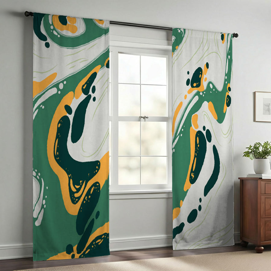 Green and Yellow Fluid Abstract Pattern Window Curtains