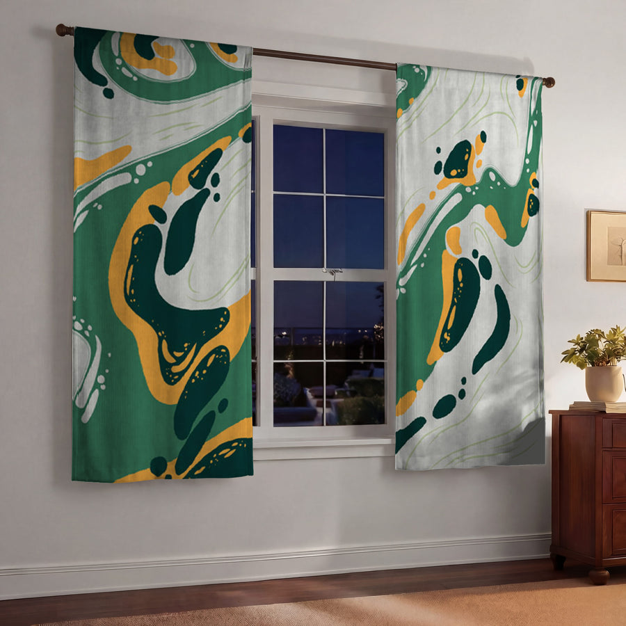Green and Yellow Fluid Abstract Pattern Window Curtains
