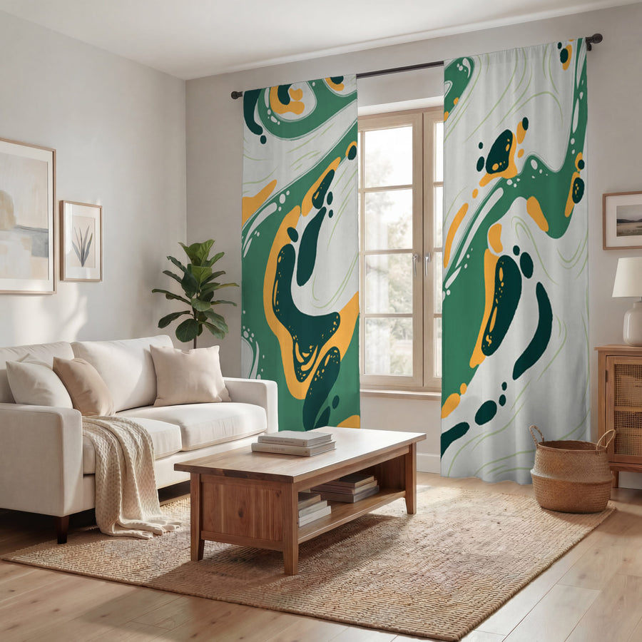 Green and Yellow Fluid Abstract Pattern Window Curtains