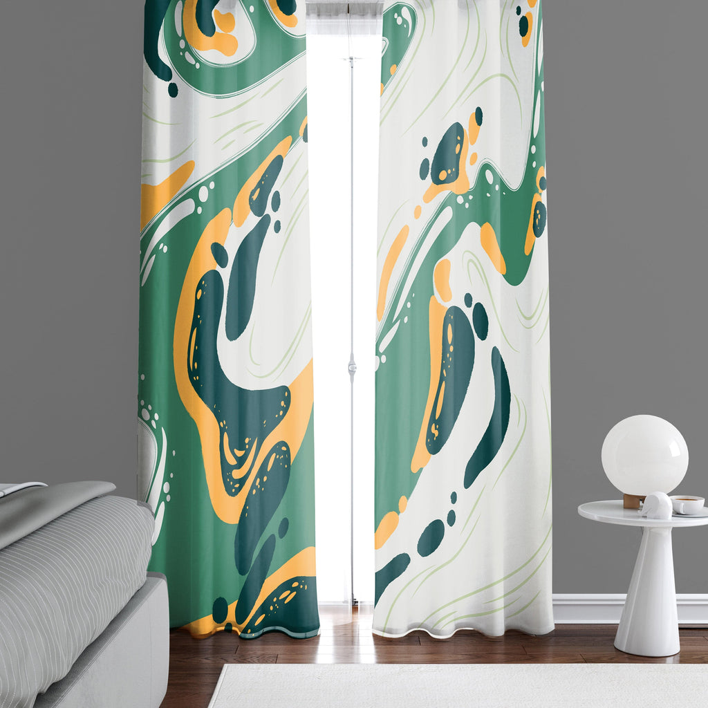 Green and Yellow Paint Abstract Splatter Window Curtains - Deja Blue Studios