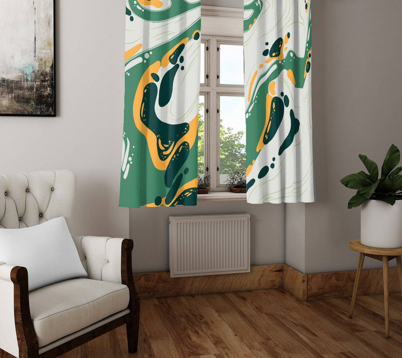 Green and Yellow Paint Abstract Splatter Window Curtains - Deja Blue Studios
