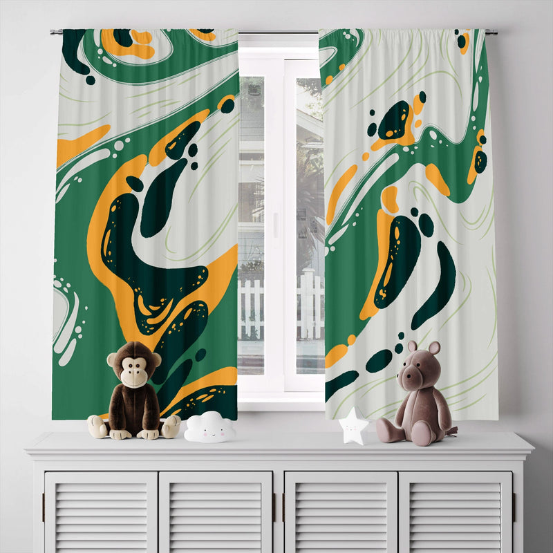 Green and Yellow Paint Abstract Splatter Window Curtains - Deja Blue Studios