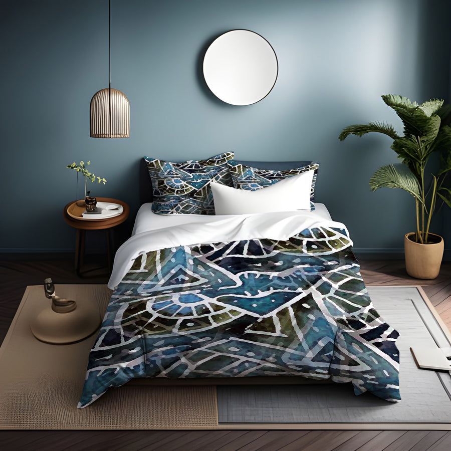 Blue Geometric Line Overlay Pattern Duvet Cover