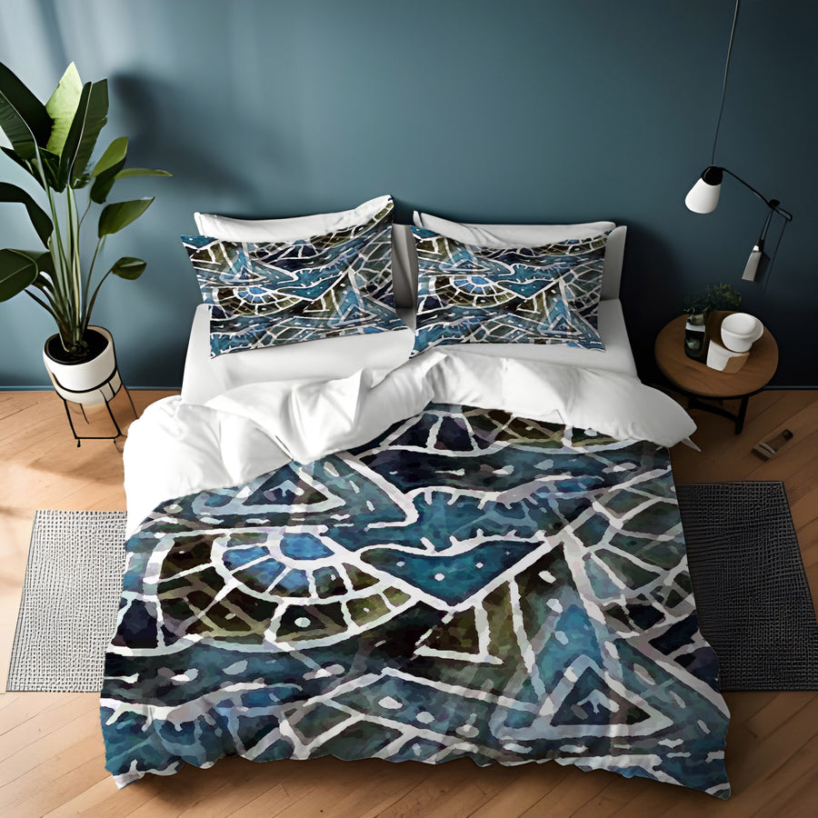 Blue Geometric Line Overlay Pattern Duvet Cover