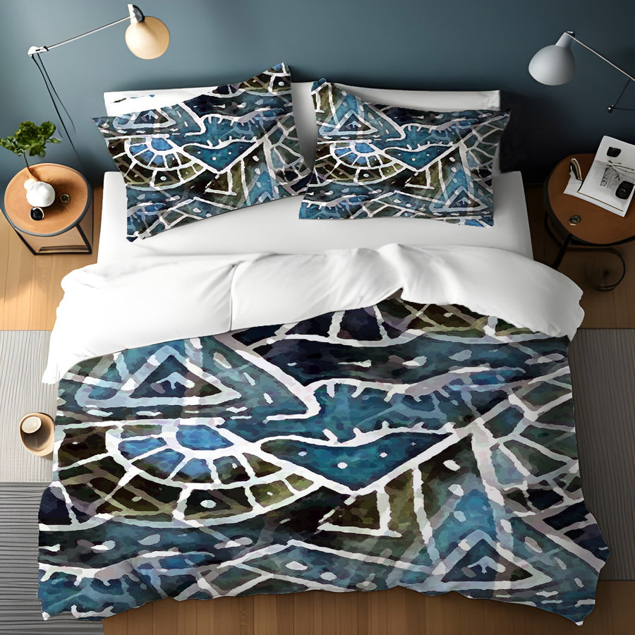 Blue Geometric Line Overlay Pattern Duvet Cover