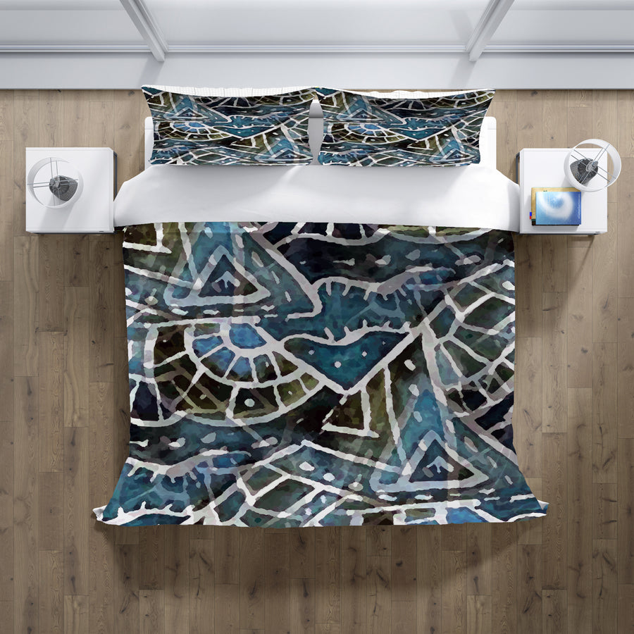 Blue Geometric Line Overlay Pattern Duvet Cover