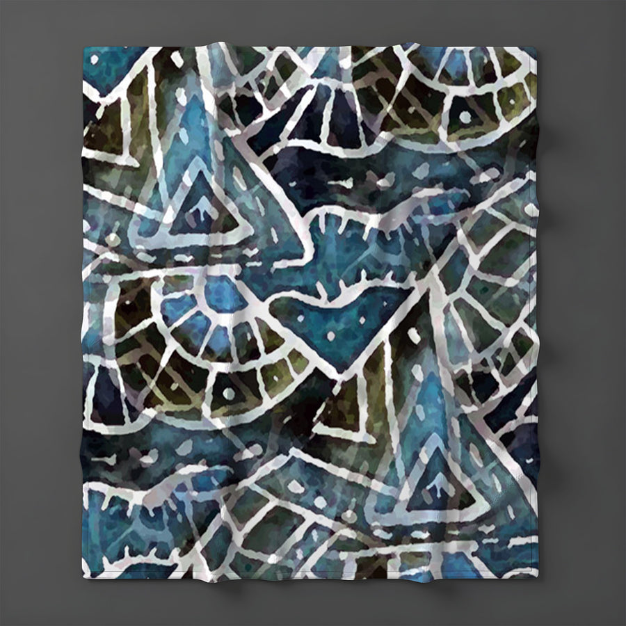 Blue Geometric Line Overlay Pattern Fleece Sherpa Blanket