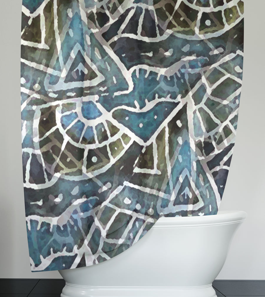 Blue Geometric Line Overlay Pattern Shower Curtain