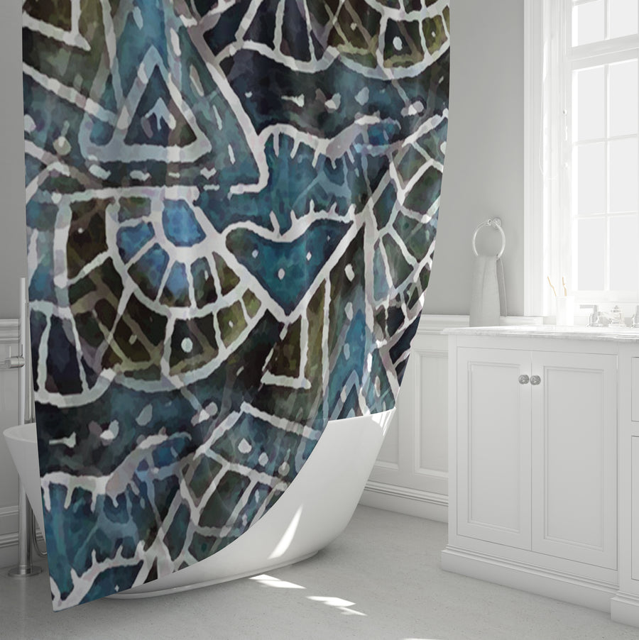 Blue Geometric Line Overlay Pattern Shower Curtain