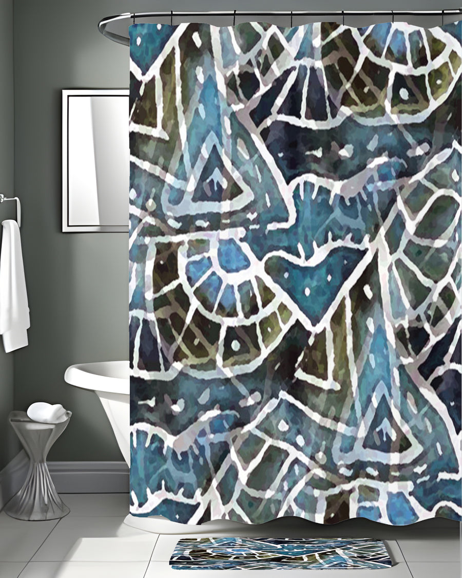 Blue Geometric Line Overlay Pattern Shower Curtain