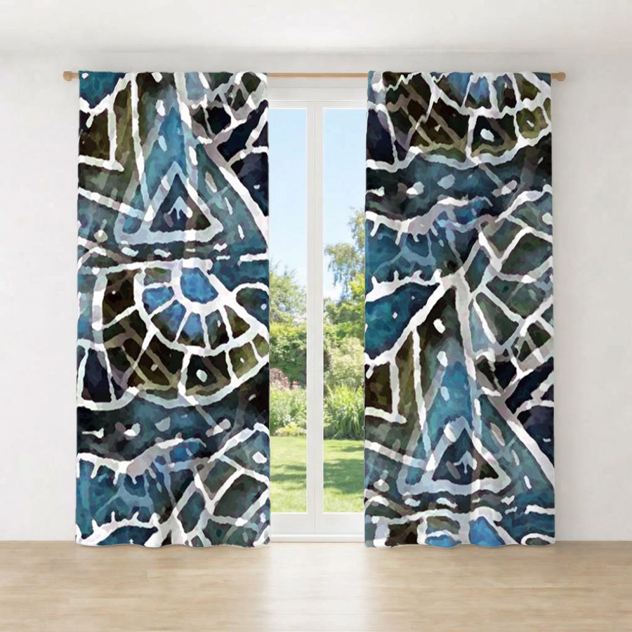 Blue Geometric Line Overlay Pattern Window Curtains