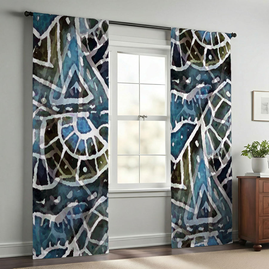 Blue Geometric Line Overlay Pattern Window Curtains