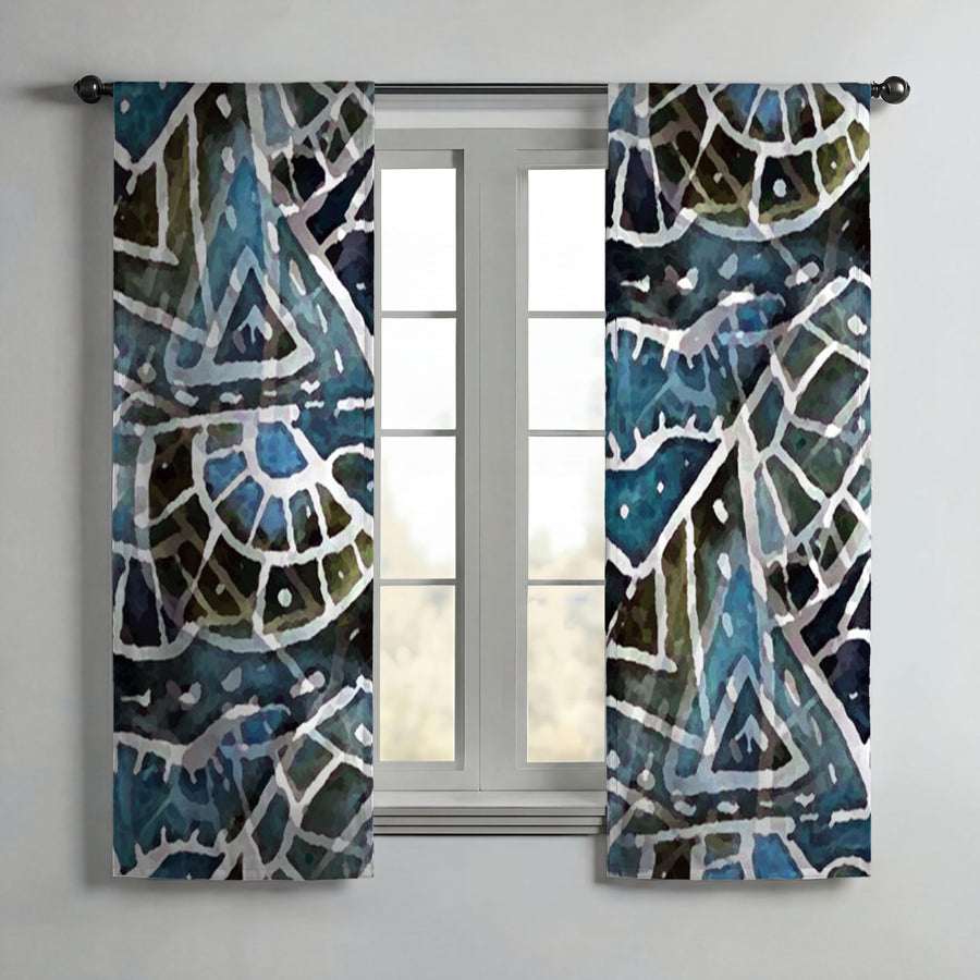 Blue Geometric Line Overlay Pattern Window Curtains