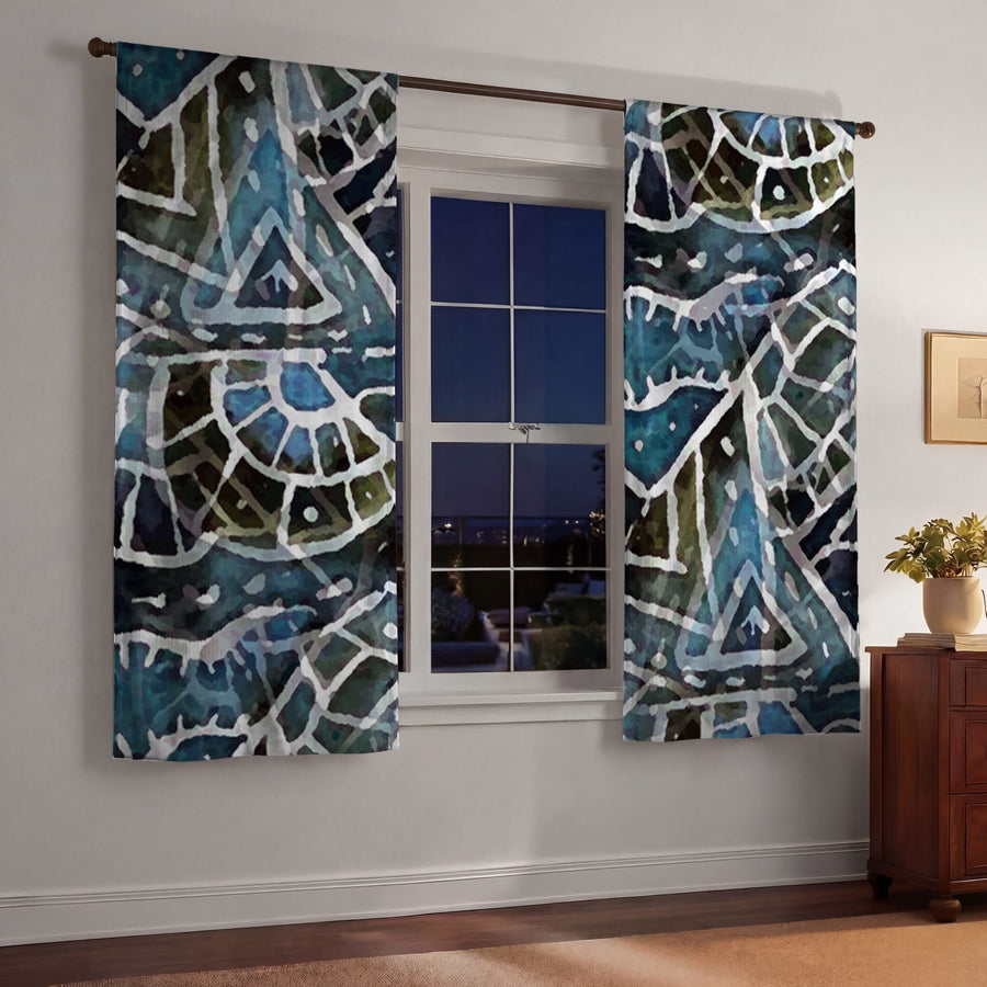 Blue Geometric Line Overlay Pattern Window Curtains