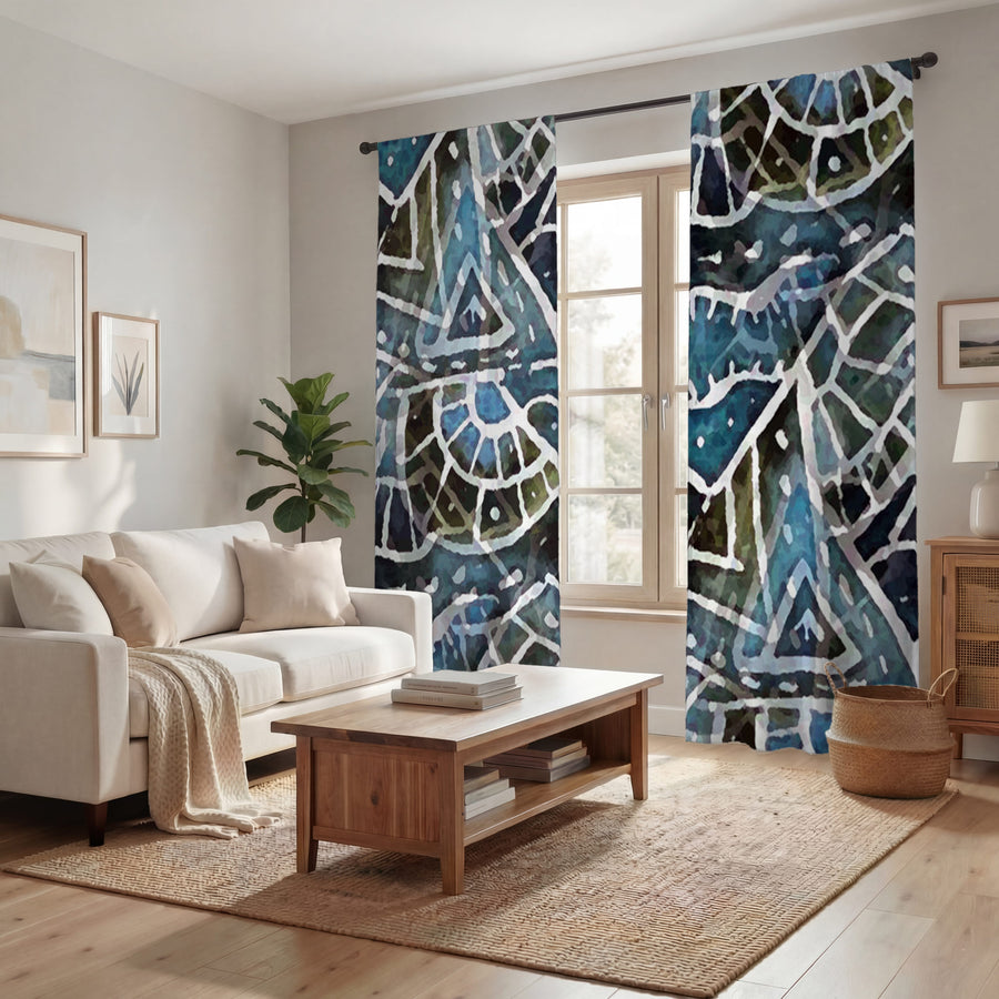 Blue Geometric Line Overlay Pattern Window Curtains