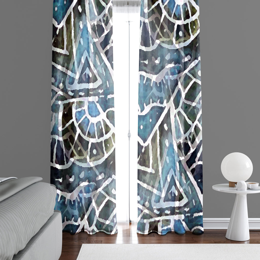 Blue and Black Tribal Abstract Mosaic Pattern Window Curtains - Deja Blue Studios