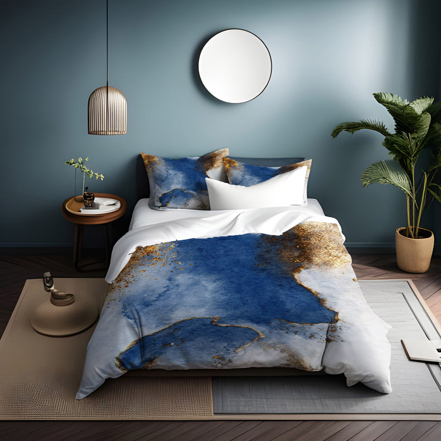 Blue and Gold Coastal Marble Texture Duvet Cover