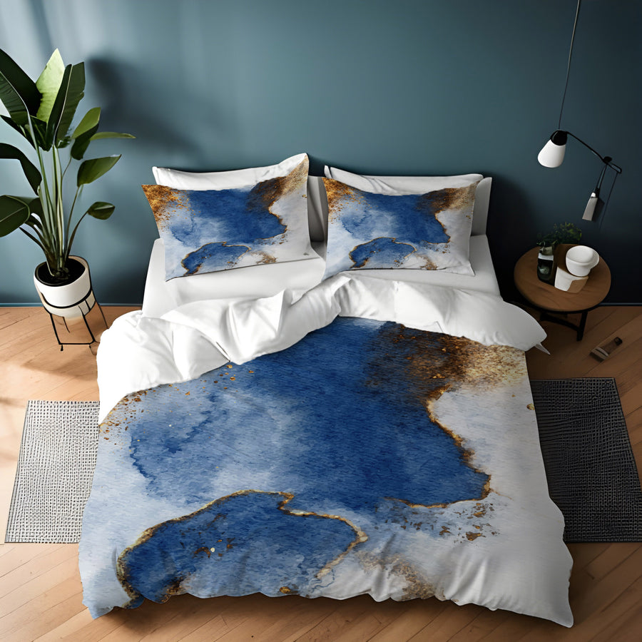 Blue and Gold Coastal Marble Texture Duvet Cover