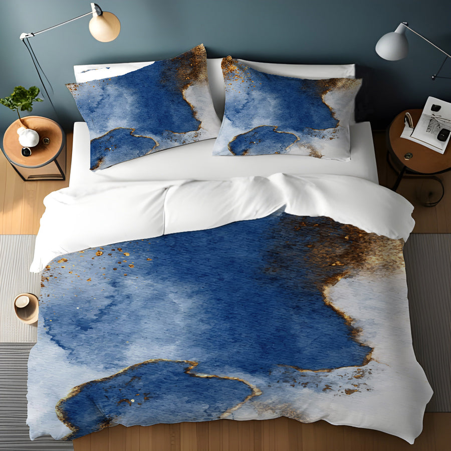 Blue and Gold Coastal Marble Texture Duvet Cover