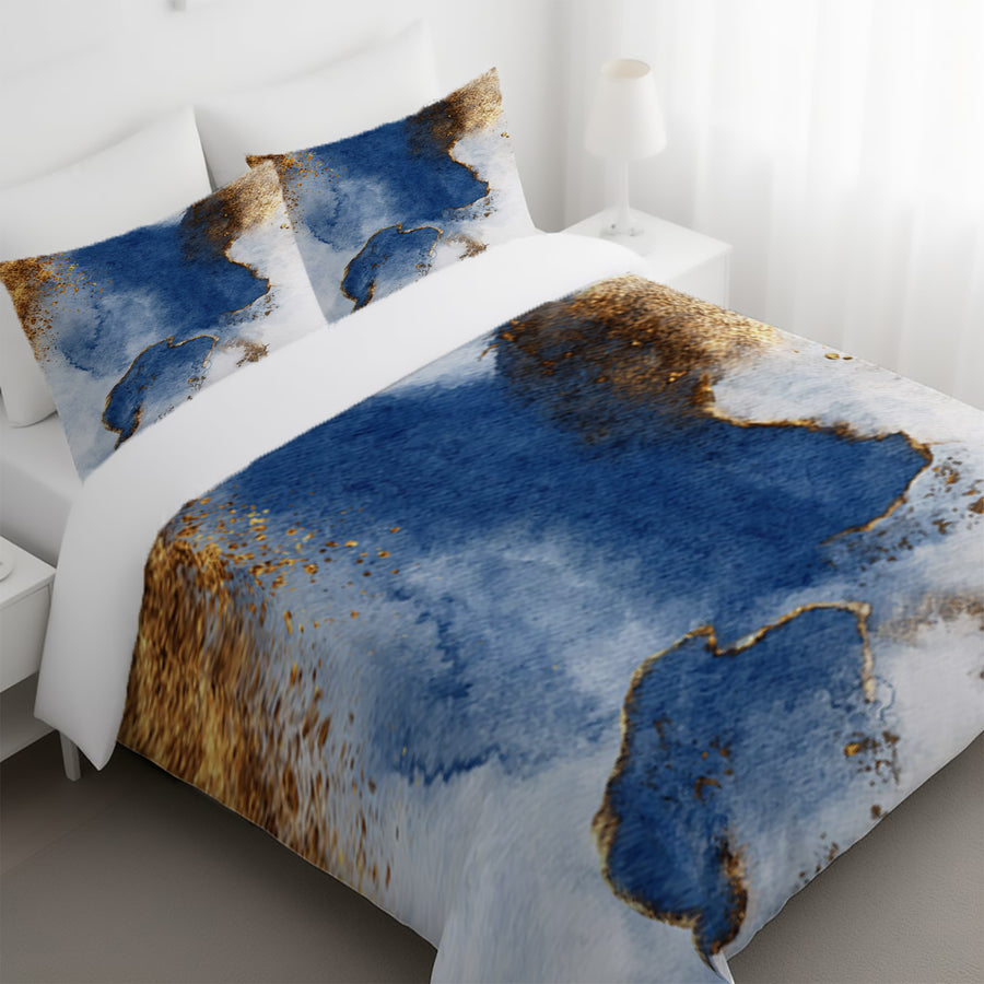Blue and Gold Coastal Marble Texture Duvet Cover