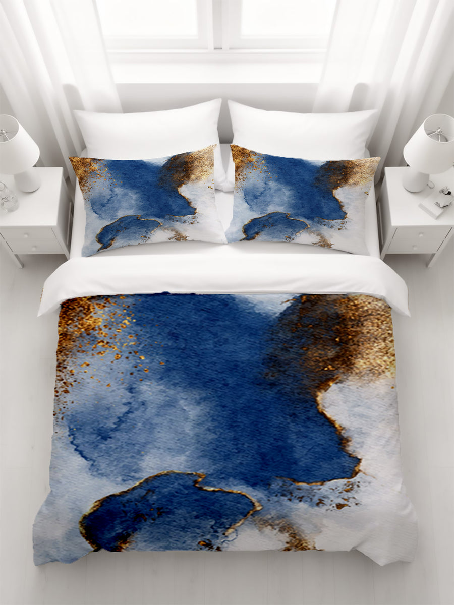 Blue and Gold Coastal Marble Texture Duvet Cover