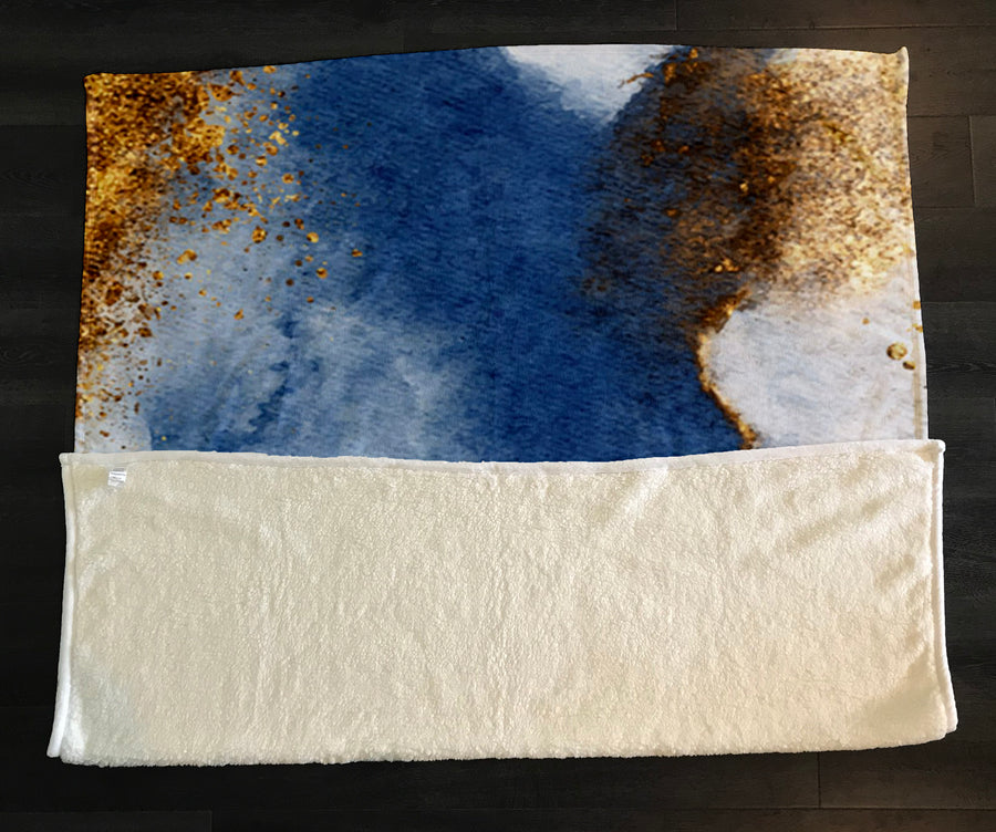 Blue and Gold Coastal Marble Texture Fleece Sherpa Blanket