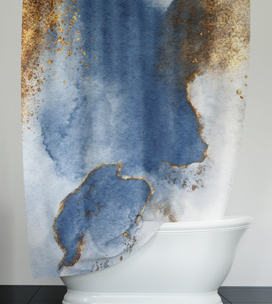 Blue and Gold Coastal Marble Texture Shower Curtain